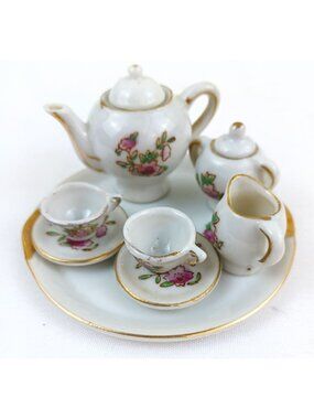 Vintage Mini Tea Set Japan Pink Floral Gold Trim Teapot Cups Tray Dollhouse